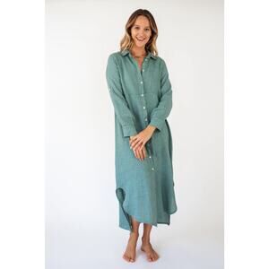 Meo Meli Italy Linen Boho Teal Tunic Shirt Midi Dress Roll Tab Sleeve O/S Resort